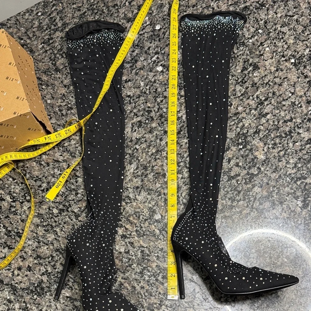 Mix No. 6 Black Over the Knee high heel boots embellished Rhinestones NWT 7.5